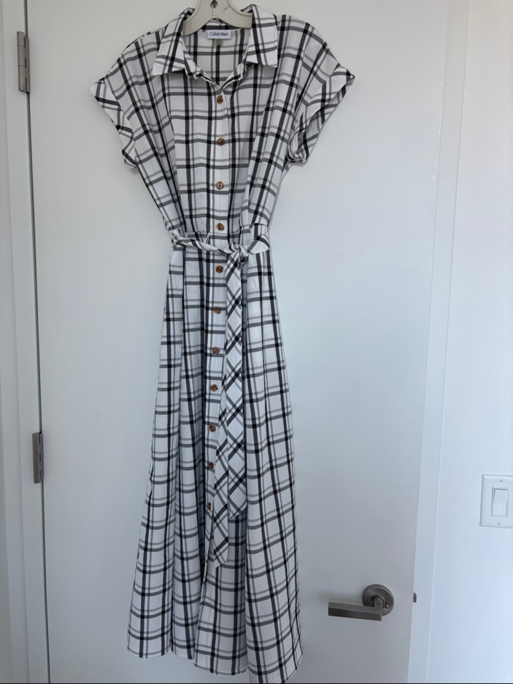 Calvin Klein White and Black Plaid Button-Front Maxi Dress